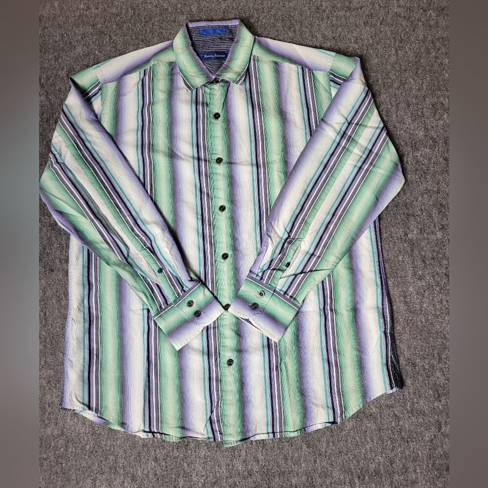 Tommy Bahama Shirt Mens Size M Green Striped Button Up Flip Cuff Cotton Silk